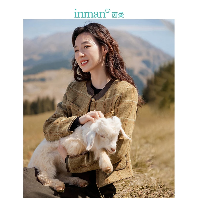 【秋冬外套】茵曼冬季女短外套休闲上衣女装新款气质长袖圆领格子