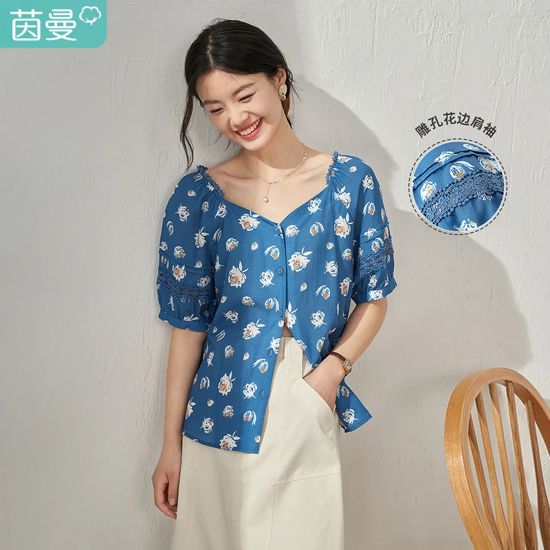 【商场同款】茵曼夏季女衬衫衬衣气质新款短袖泡泡袖碎花印花休闲