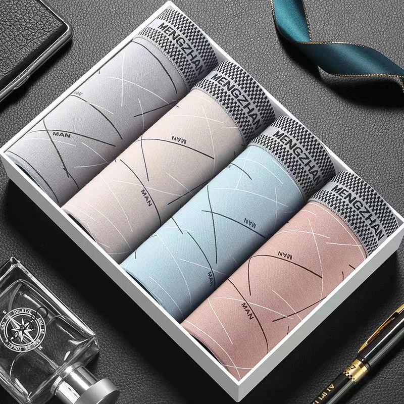 四条装男士短裤舒适透气时尚印花中腰四角短裤男透气裆平角裤男式