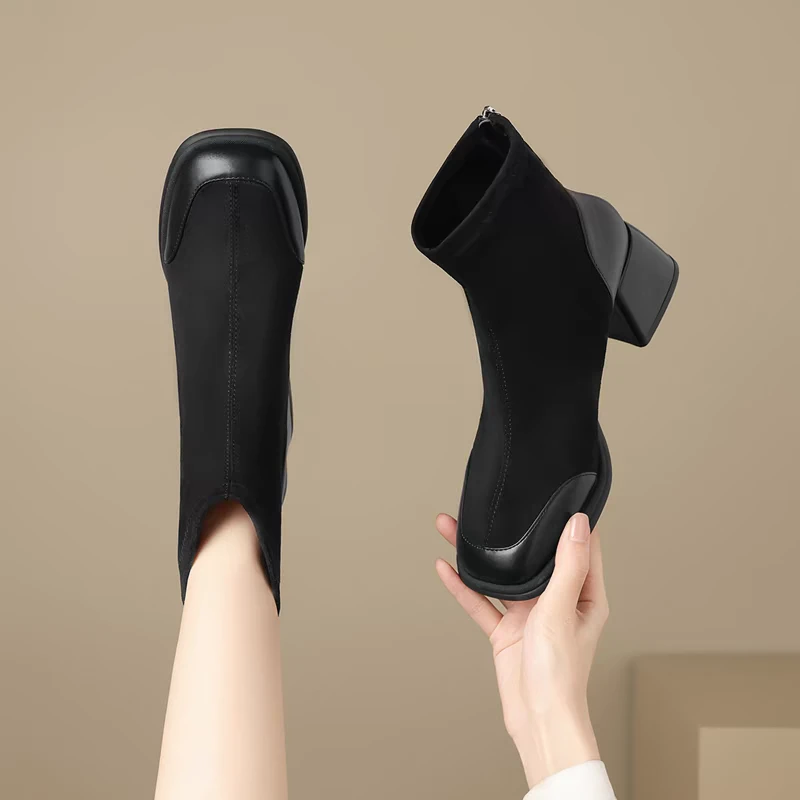 韩版方头瘦瘦靴女加绒2025黑色粗跟高跟鞋秋冬通勤短靴子女