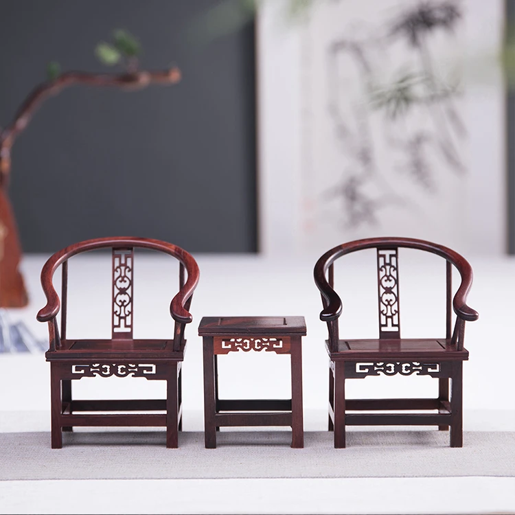 红酸枝镂空圈椅摆件三件套  微缩摆件中式