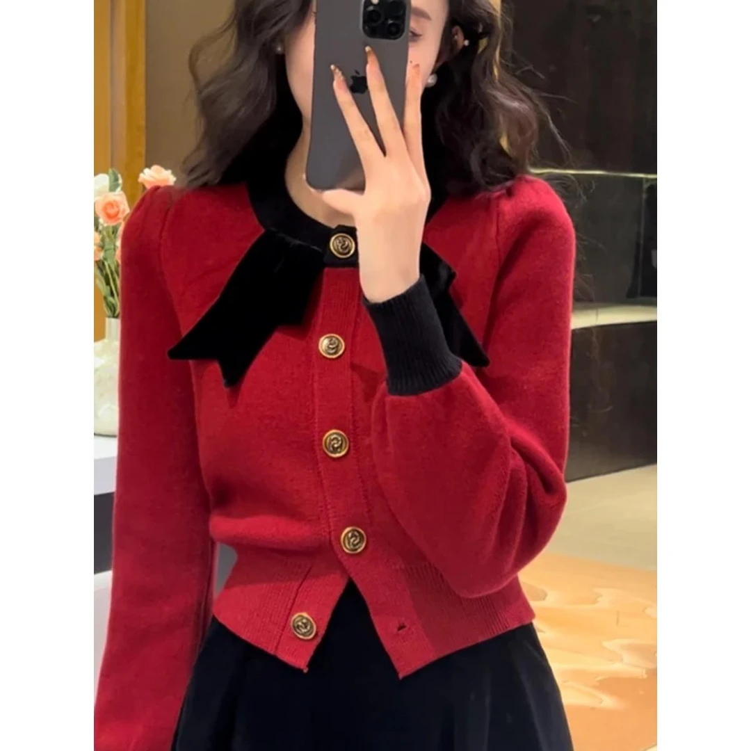 法式红色蝴蝶结领带毛衣开衫女2024春复古气质小香风泡泡袖针织衫