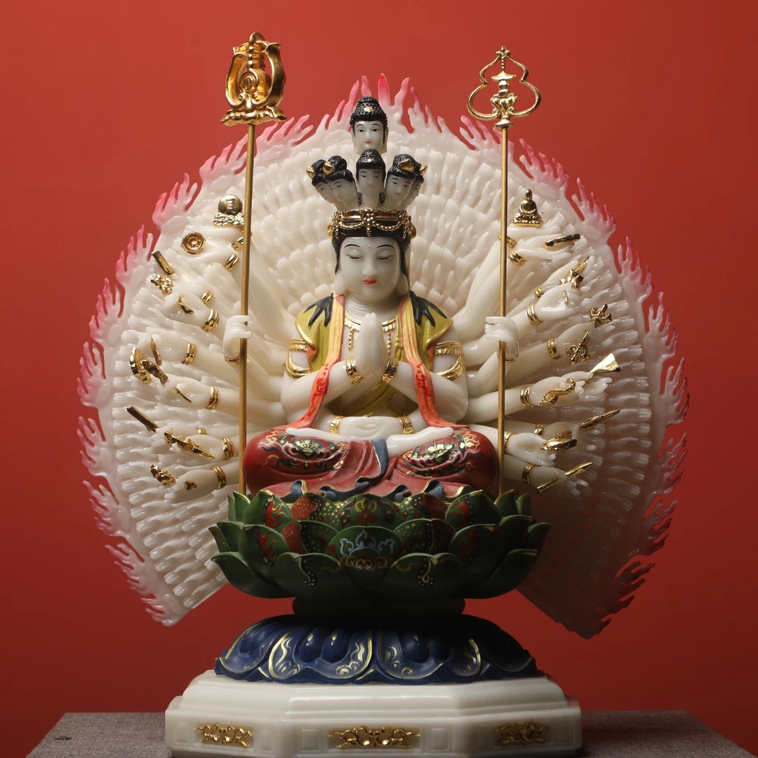 千手观音菩萨佛像矿物彩绘千手千眼观世音守护神仿汉白玉供奉摆件
