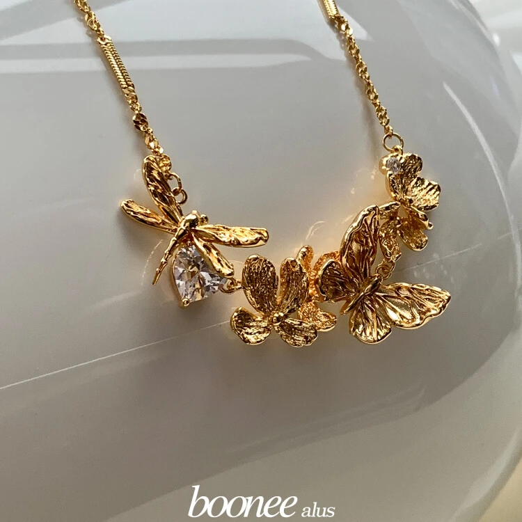 boonee alus 铜合金项链 原创设计小众轻奢浪漫花朵锆石蝴蝶项链