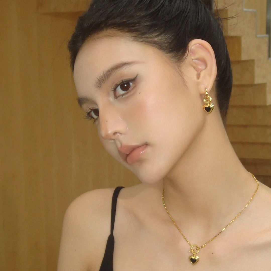 boonee alus 铜合金合成锆石耳饰 双层可拆戴黑色爱心耳环女耳饰