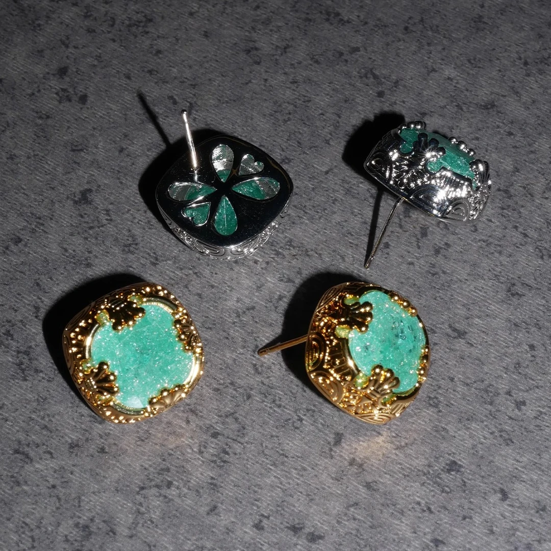 boonee alus 铜合金合成锆石耳饰 小众复古耳环鎏金冰晶独特耳饰