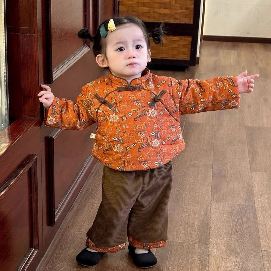 女童拜年服套装冬季婴幼儿夹棉加厚棉服中国风加绒裤子唐装两件套