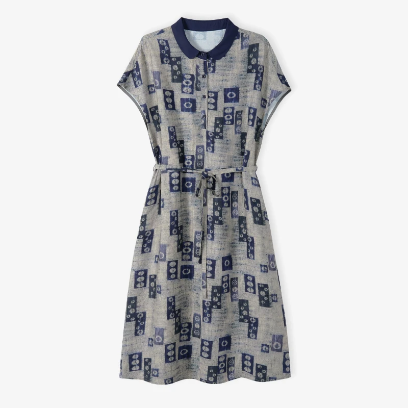 KA68183天丝亚麻连衣裙夏季新款复古印花收腰显瘦宽松长裙