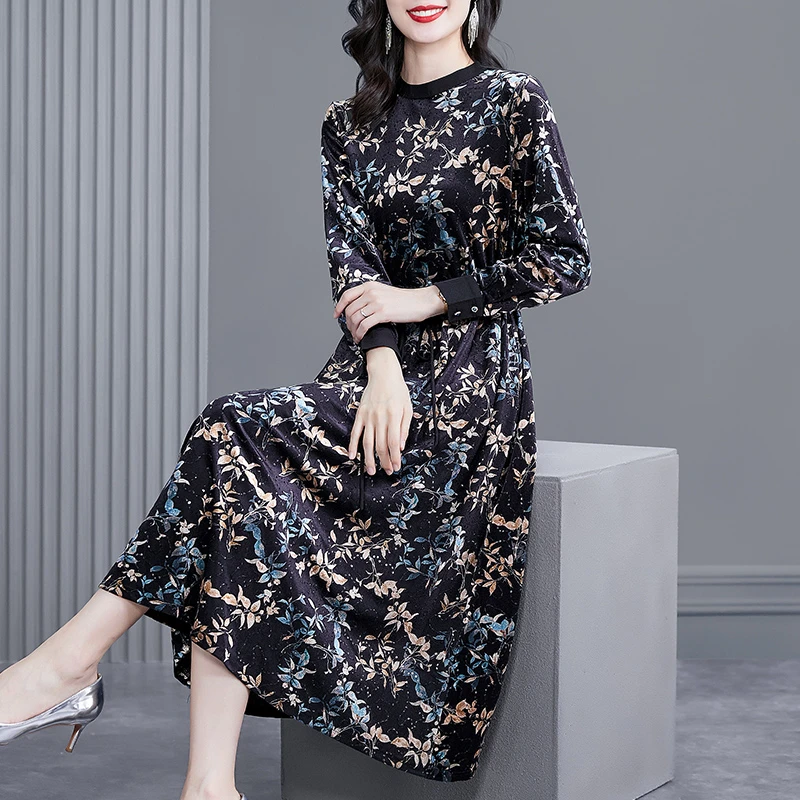 高级感黑色丝绒连衣裙妈妈装秋季女2022新款高端奢华 KA222255