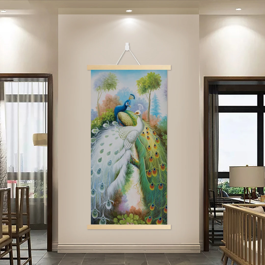 【87孔雀图】客厅玄关装饰挂画茶室办公背景挂画免打孔油画布