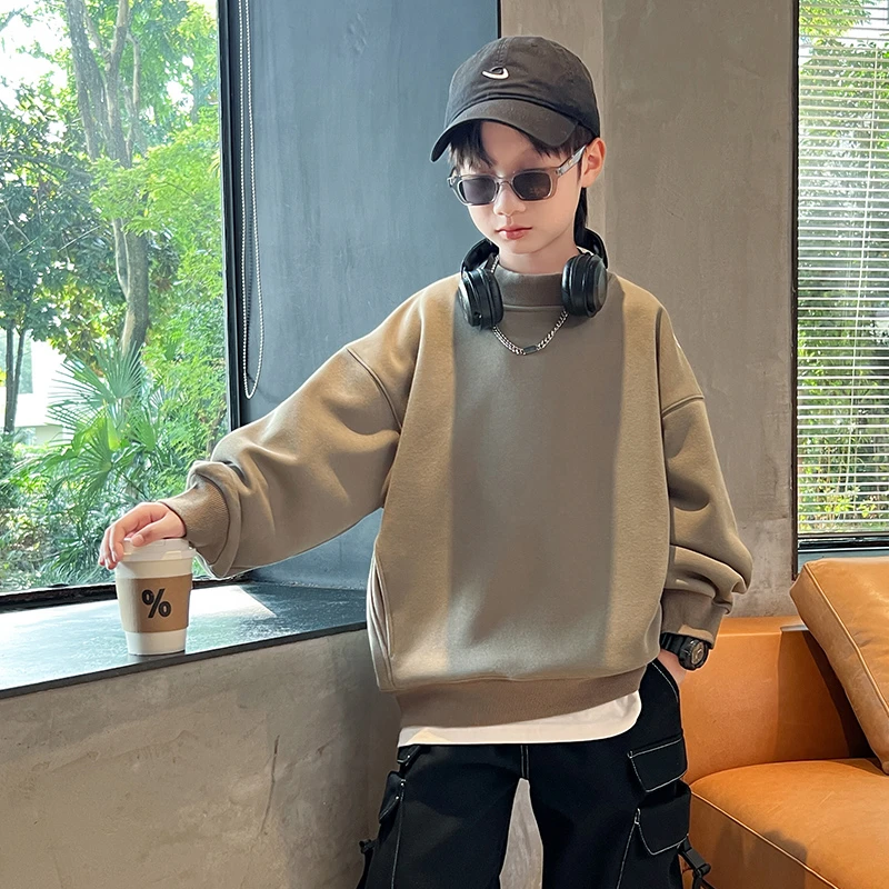 《优妈》23517男童卫衣秋冬加绒加厚儿童一体绒上衣中大童打底衫