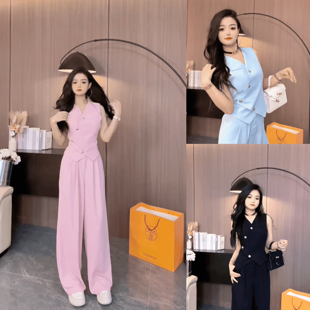 夏季新款高级感套装女港风无袖西装马甲阔腿裤休闲两件套t003