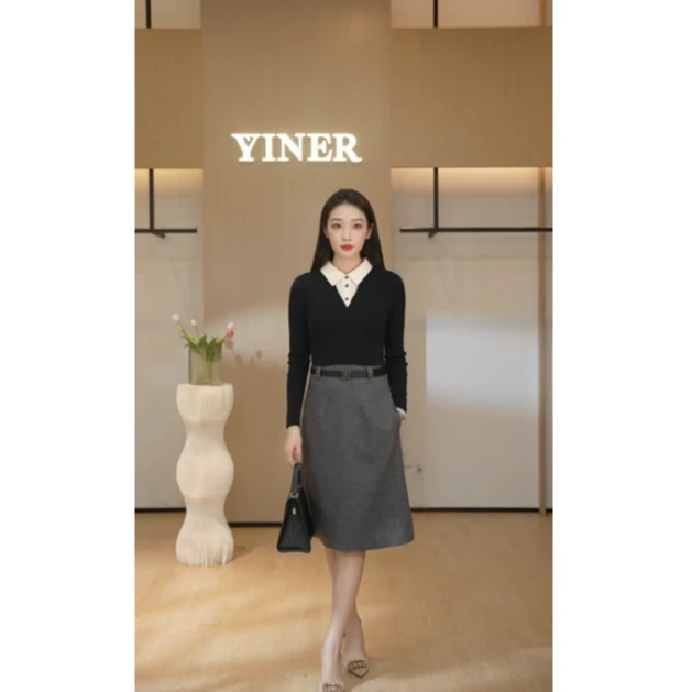 YINER音儿秋季新款收腰修身法式针织时尚假两件连衣裙8C64506996