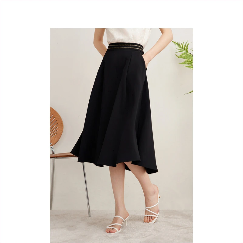 Goodland美地女装春秋法式通勤金属闪丝中长A字半身裙LC64350010