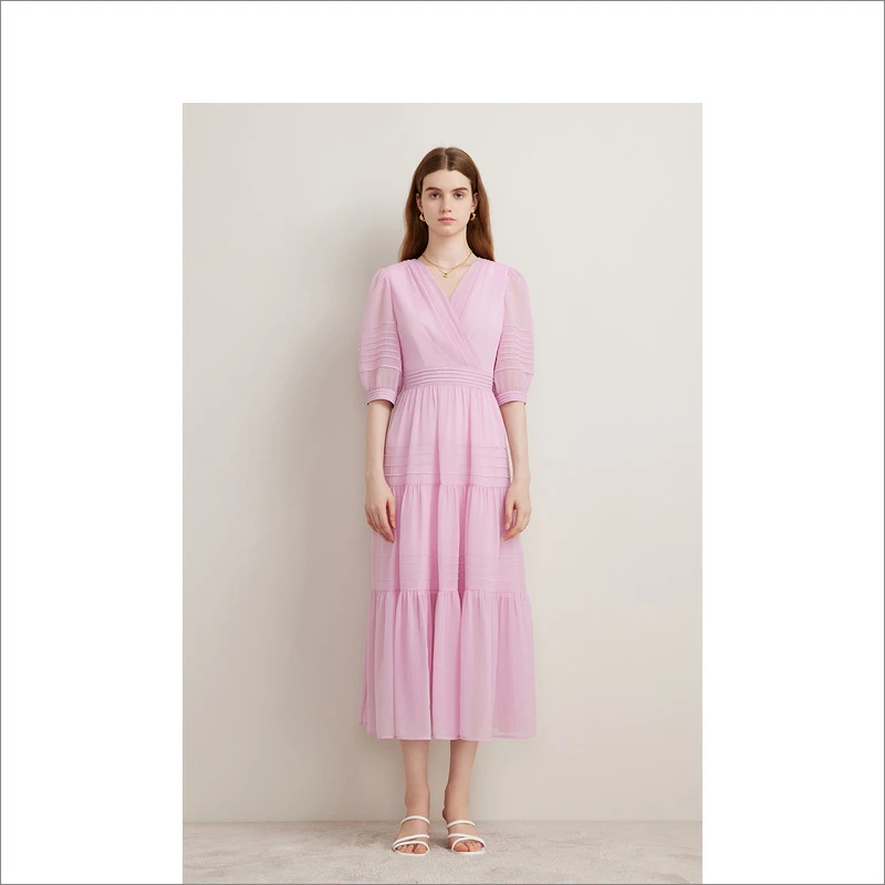 Goodland美地秋新款法式V领褶裯叶脉纹理灯笼袖连衣裙LC34305350