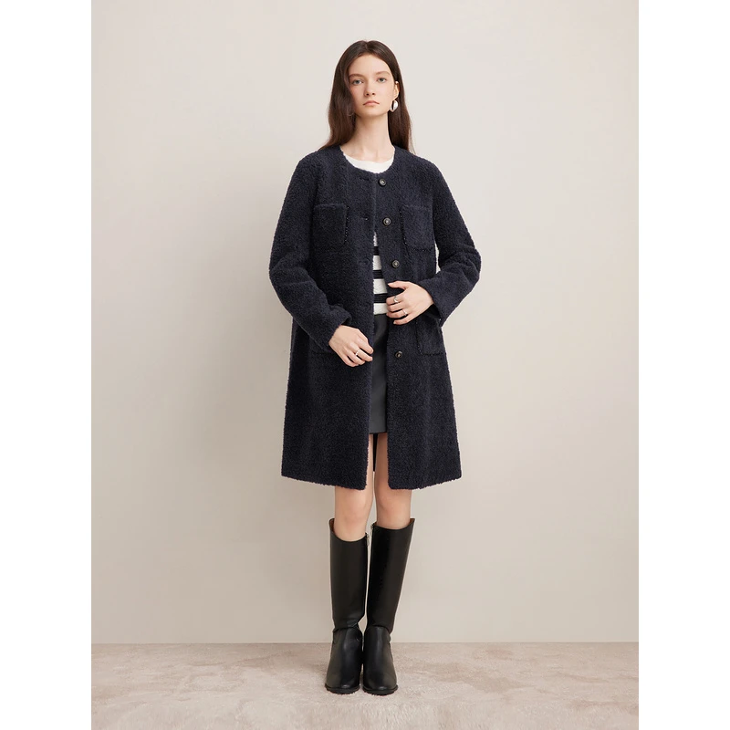 Goodland美地女装新款法式中长款羊剪毛大衣外套LC64580020