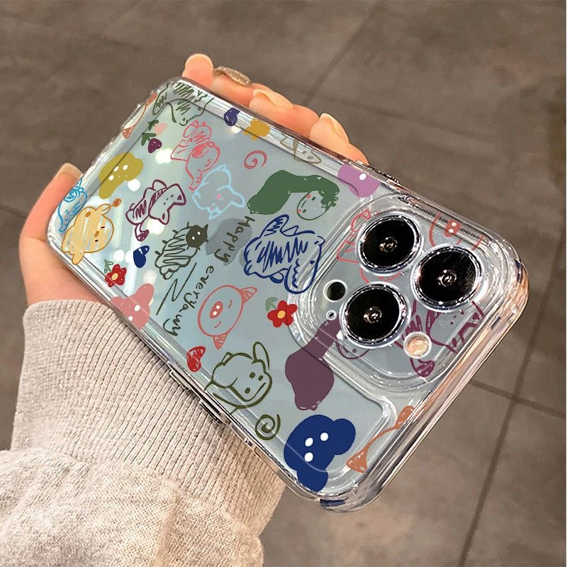 iPhone15手机壳苹果14防摔12/13女涂鸦动物网红潮牌可爱情侣全包