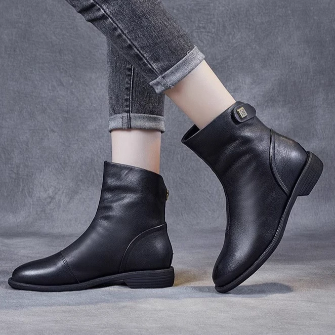 软羊皮短靴女平底2025冬季新款加绒法式复古软底粗跟真皮切尔西靴