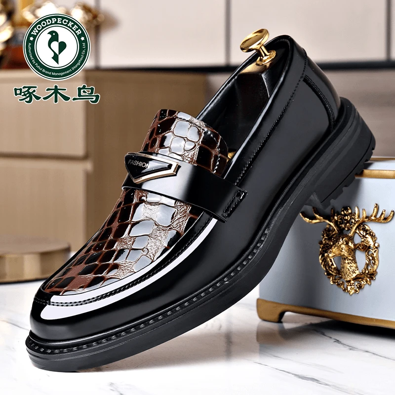 啄木鸟男鞋2025秋季新款时尚正装豆豆鞋男士高档亮面商务休闲皮鞋