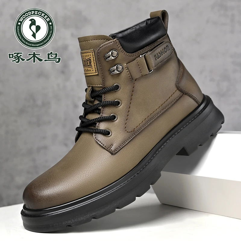 啄木鸟男士马丁靴2025冬季新款加绒保暖厚底男靴英伦风高帮棉靴男