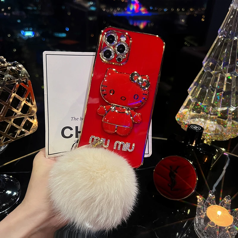 【新年KT猫】新年红支架手机壳卡通iPhone15网红猫咪创意13全包女