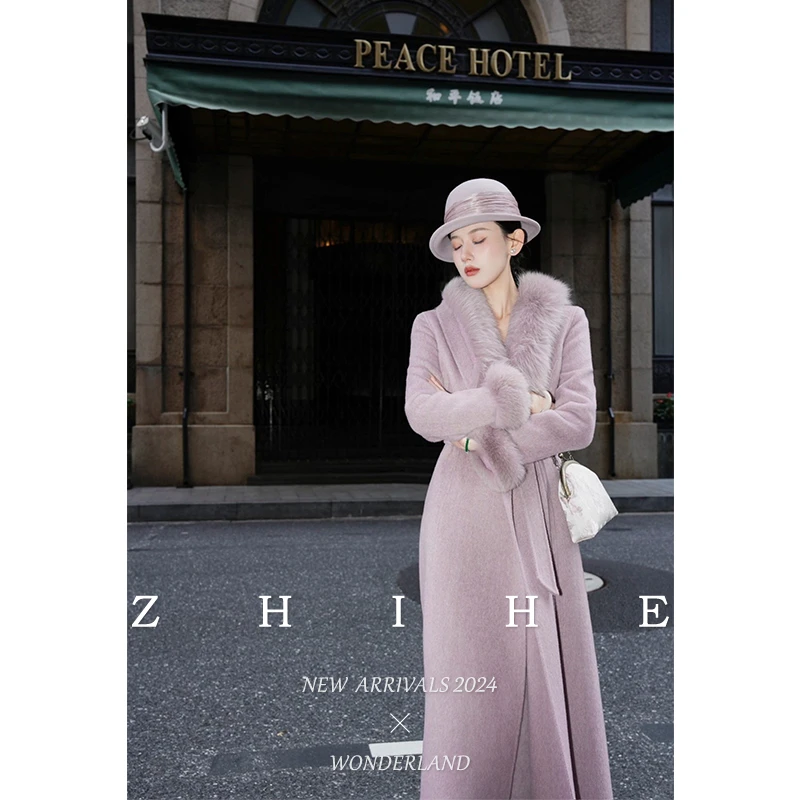 无艳一禾【紫萱】手工坊静奢100羊毛双面呢长款大衣+狐狸毛领