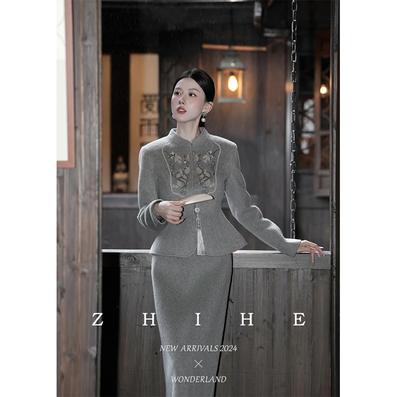 无艳一禾【如烟】手工坊-蚕丝羊毛珠片绣收腰双面呢大衣+半裙