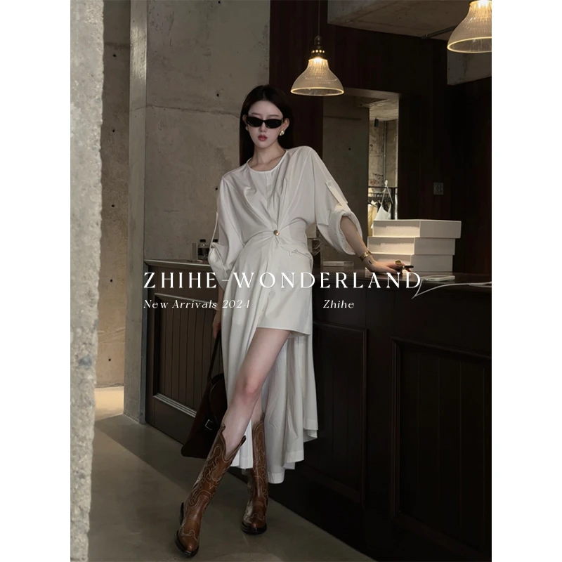 至禾Wonderland【月亮茶会】静雅千金捏褶掐腰系带衬衫裙+A字裙裤