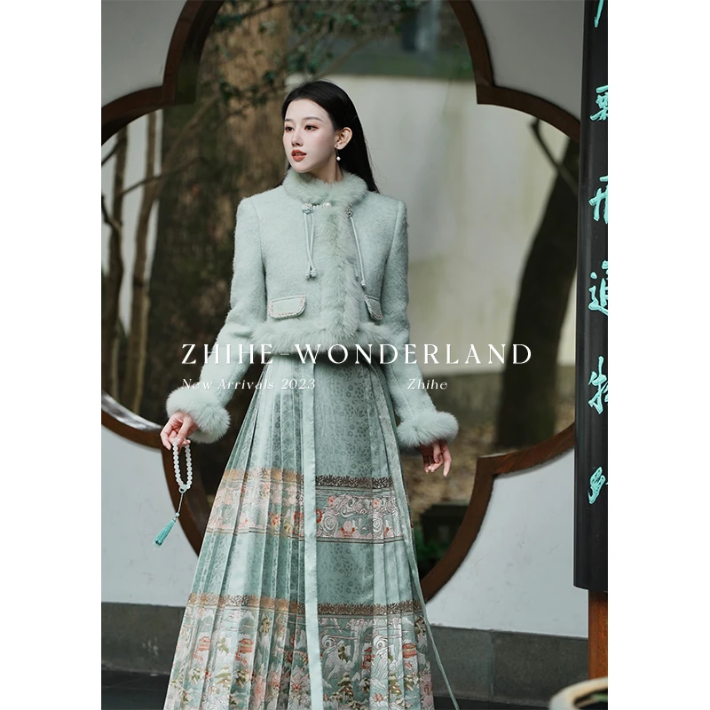 无艳一禾【水落清莲】新中式贵气狐狸毛手工盘扣羊毛羽绒服