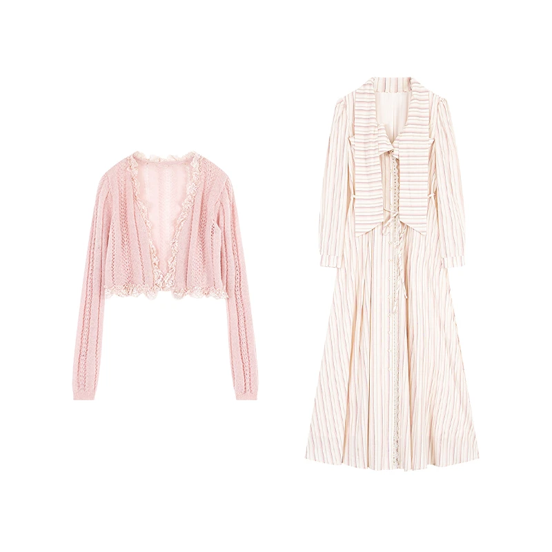 无艳一禾【奥维小镇】高货马海毛花边针织衫+棉质条纹连衣裙气质