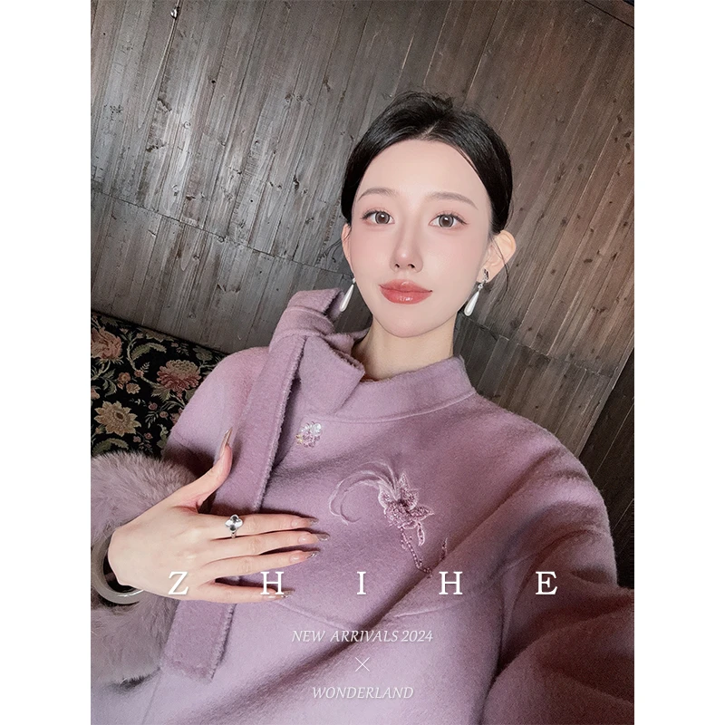 无艳一禾【空谷幽兰】手工坊-100绵羊毛刺绣双面呢大衣+半