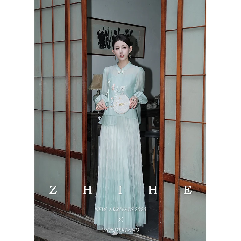 无艳一禾【幽幽如兰】原创新中式晕染半裙+刺绣荷花上衣