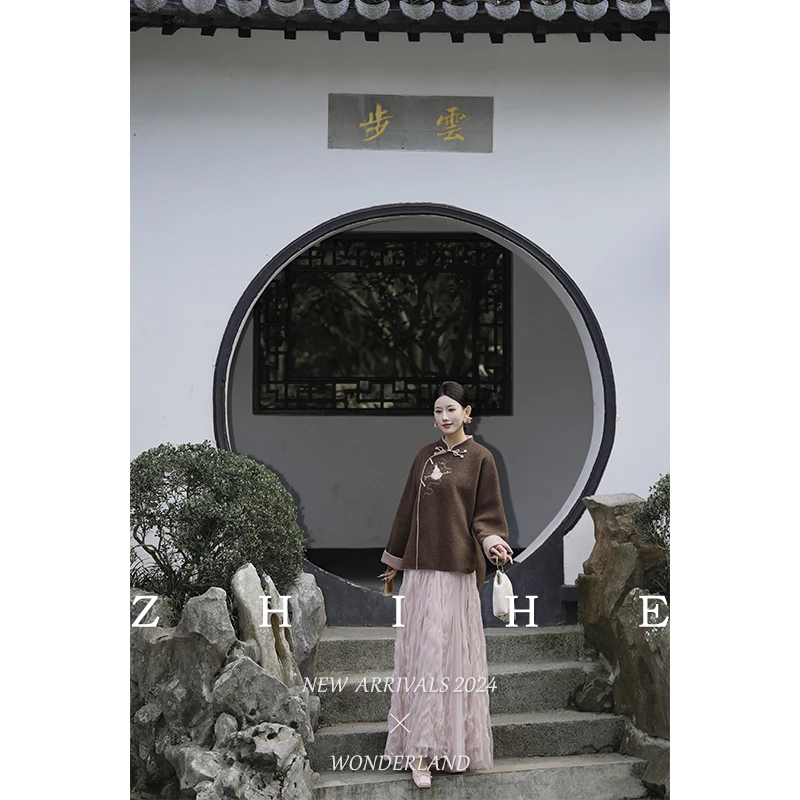 无艳一禾【赐福】手工坊-双色100绵羊毛刺绣双面呢大衣+半裙