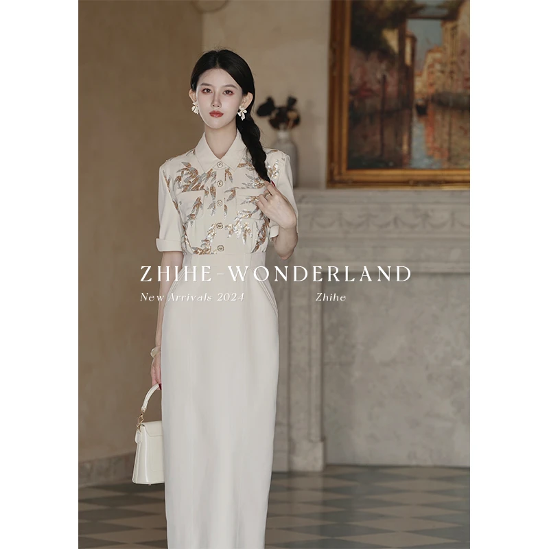 至禾Wonderland【城南竹吟】原创瑰丽清雅金银珠片绣衬衫式连衣裙