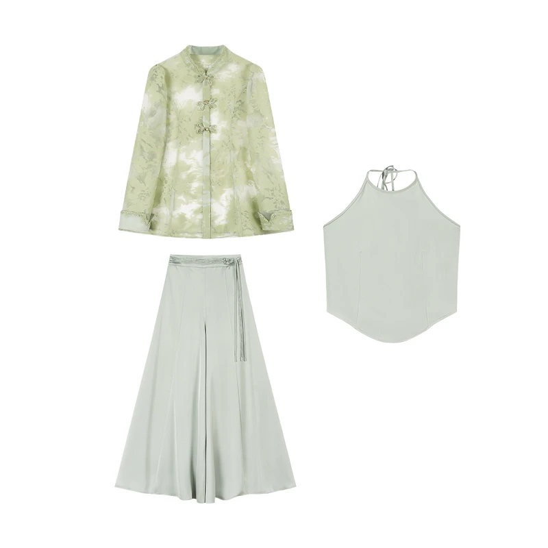 至禾Wonderland【沁春染】原创清丽新中式印染上衣吊带+阔腿裤套装