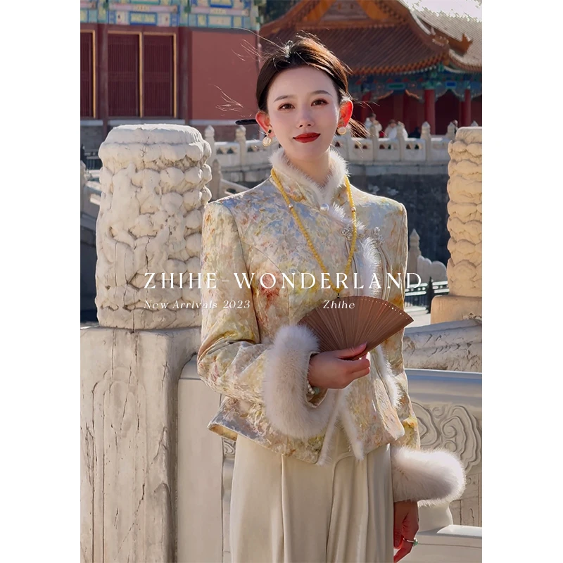 无艳一禾【宫锁心玉】新中式可拆卸狐狸毛水貂毛羽绒服阔腿裤套装