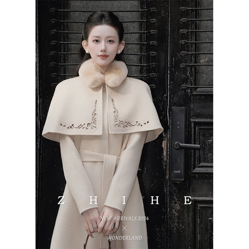 无艳一禾【卡侬】手工坊-静奢100羊毛斗篷双面呢大衣+披肩