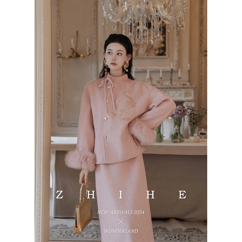 无艳一禾【金粉世家】手工坊-中式100绵羊毛双面呢大衣+半裙