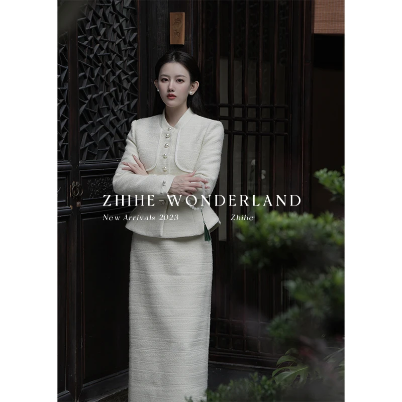 至禾Wonderland【寻香】清冷新中式中山领羊毛小香风羽绒服套装