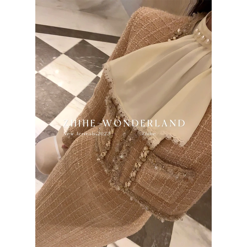 无艳一禾【曼塔邂逅】重工钻饰链条羊毛小香羽绒服套装