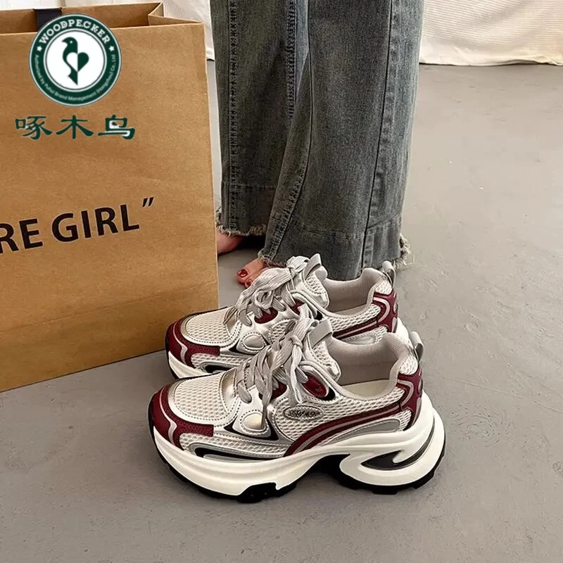 啄木鸟爆款百搭厚底增高老爹鞋女2025新款春秋炸街银色运动休闲鞋