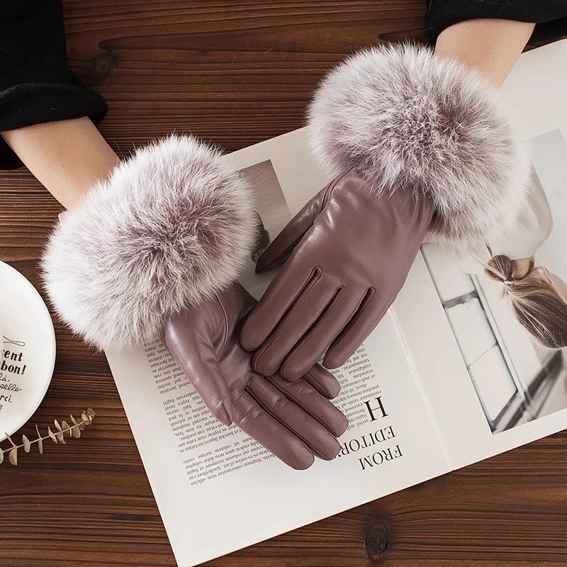 INXX OIOI真皮手套女款狐狸毛时尚加绒加厚保暖骑行开车触屏冬季