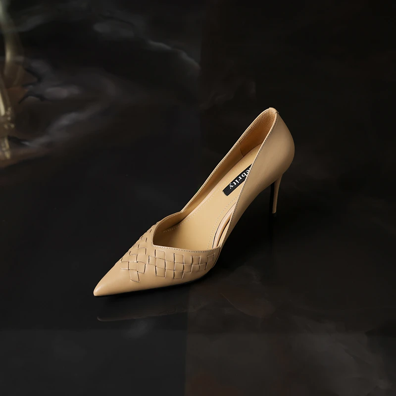 （跟高8.5CM 鞋码34到39）真皮尖头细高跟浅口编织女单鞋
