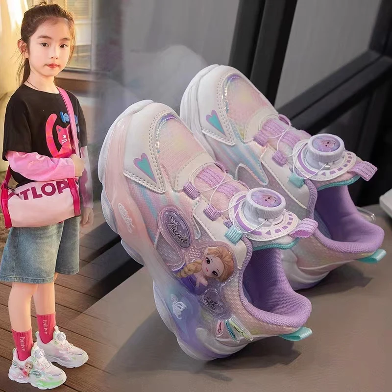 ABC旋转纽扣女童鞋发光中小童皮面带灯运动公主儿童闪光亮灯鞋春