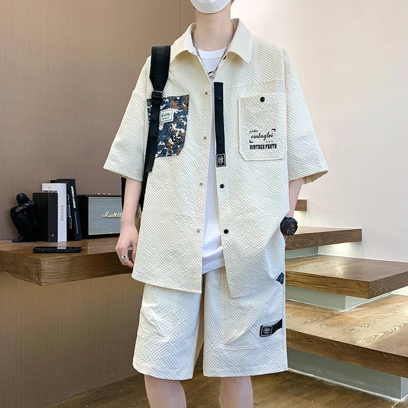 泡芙格短袖衬衫男士两件套夏季青少年学生潮款搭配帅气休闲男装