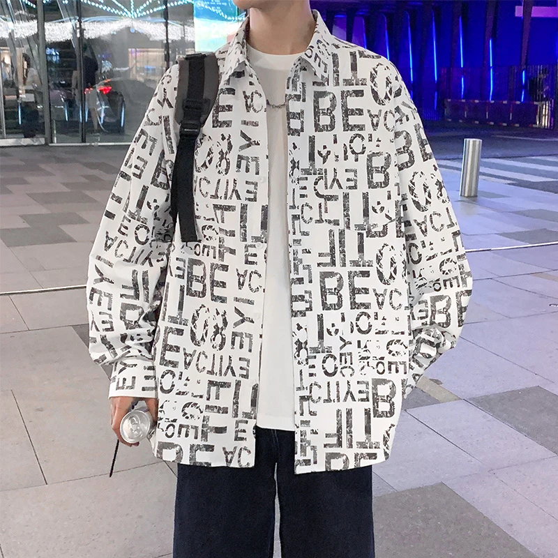 2024春秋新款字母印花衬衫休闲宽松长袖衬衣外套男士秋装潮流上衣