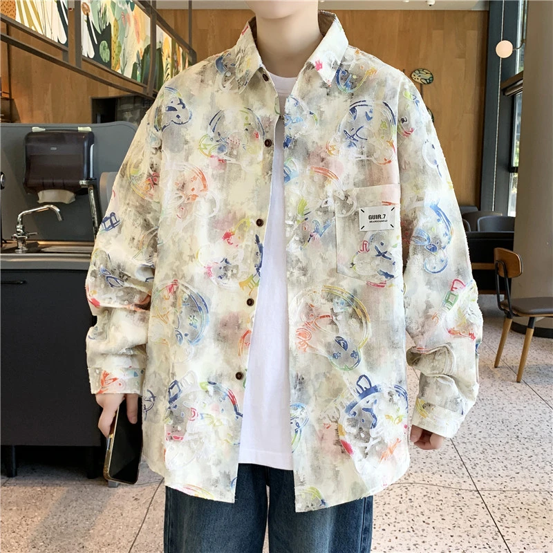 新款刺绣衬衫休闲宽松美式外穿长袖衬衣外套男纯棉痞潮流上衣男款