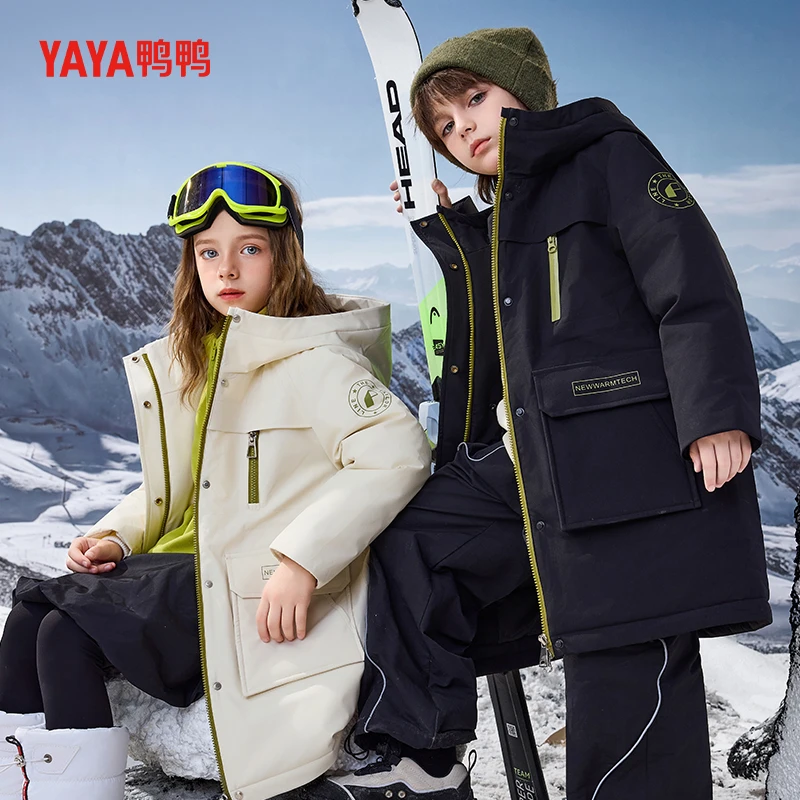 鸭鸭儿童羽绒服冬季新款男童女童工装加厚中长款连帽中大童外套