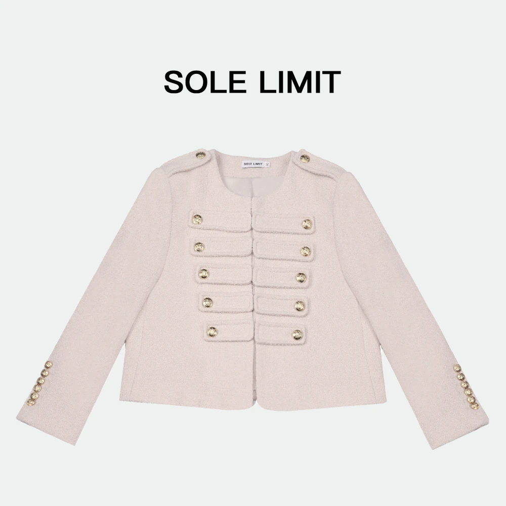 Solelimit经典柔软舒适毛呢外套女士复古摩登双排扣圆领外套HN