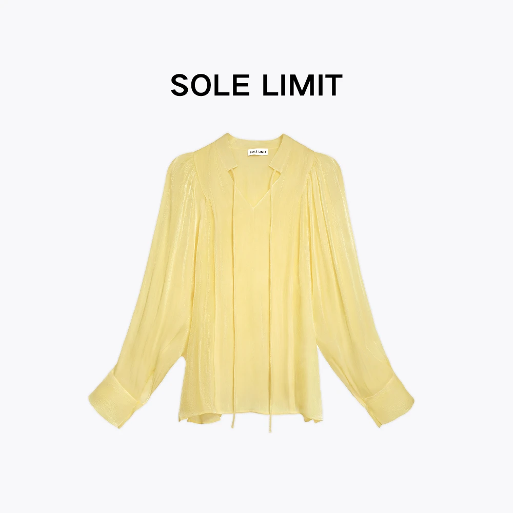 Solelimit显瘦双层防走光立领V领细带窄口灯笼袖女士长袖碎褶衬衫